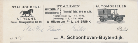 712039 Kop van een nota van A. Schoonhoven-Buytendijk, Stalhouderij - Automobielen, Kantoor: Nieuwegracht 68; Stallen: ...